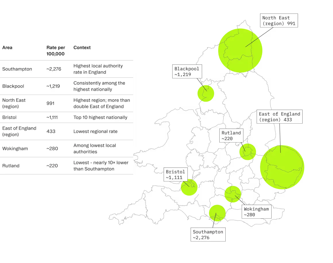 Map and table showing alcohol admission rates across English regions