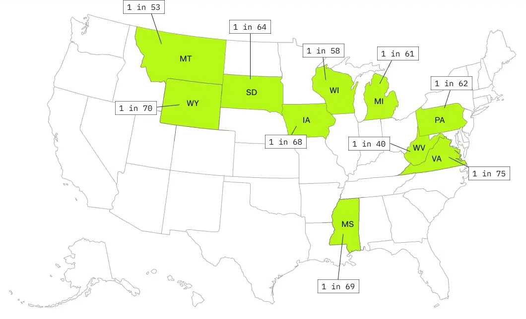 Map of the United States showing deer collision hotspots