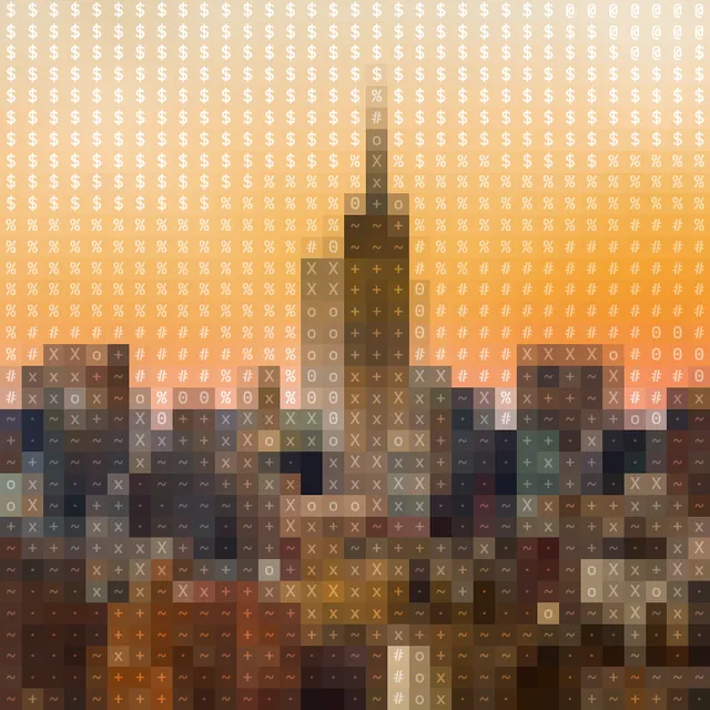Pixelated view of the New York City skyline at sunset