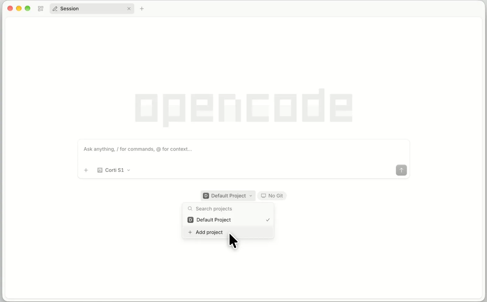 OpenCode project menu open with the Add project option highlighted