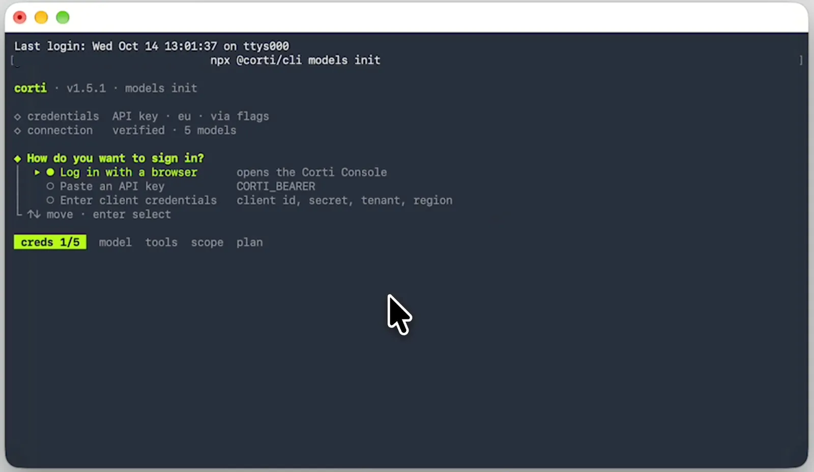 Terminal window showing the Corti models init setup asking how to sign in, with Log in with a browser selected