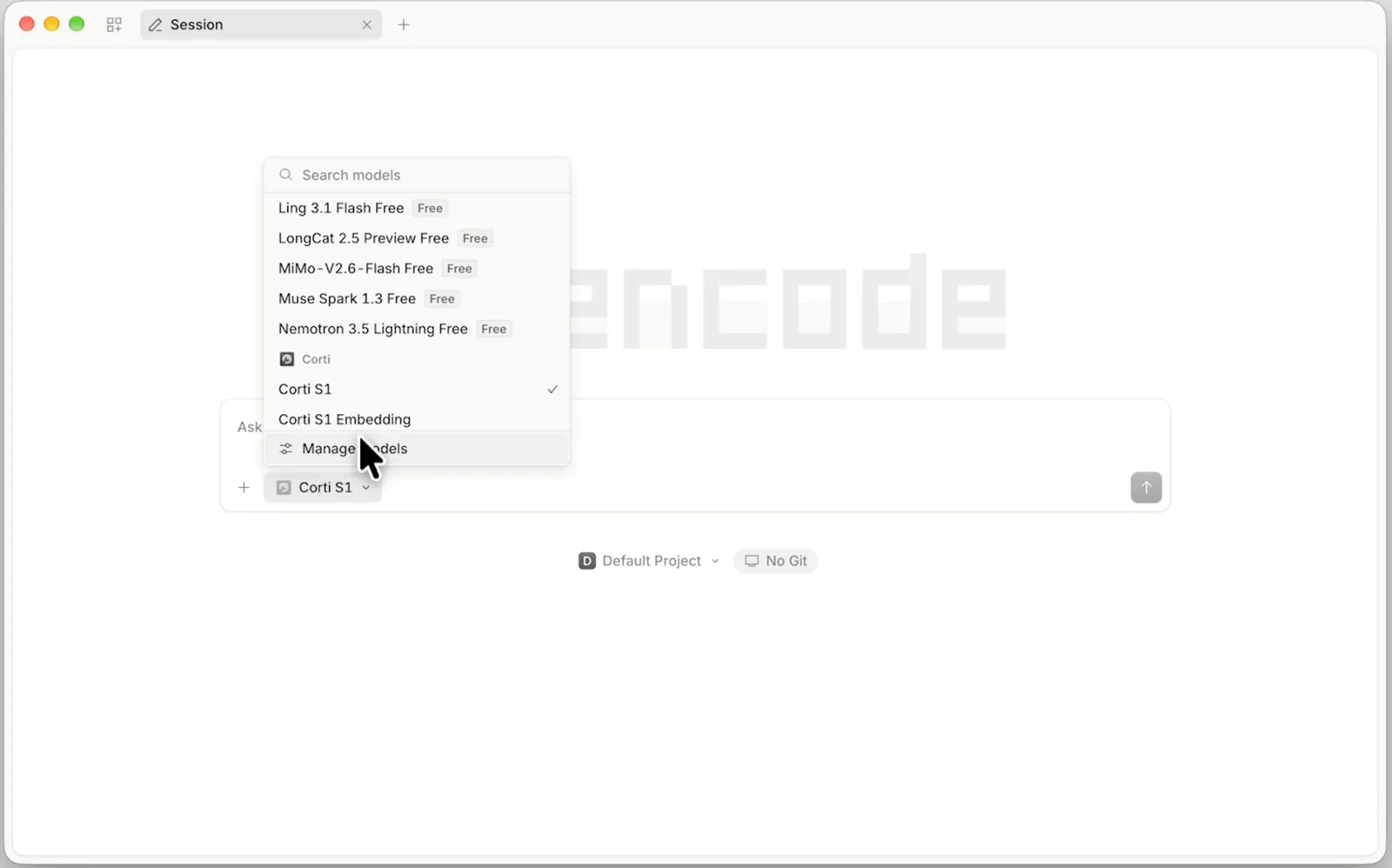 OpenCode model picker open, with Corti S1 selected and the Manage models option highlighted